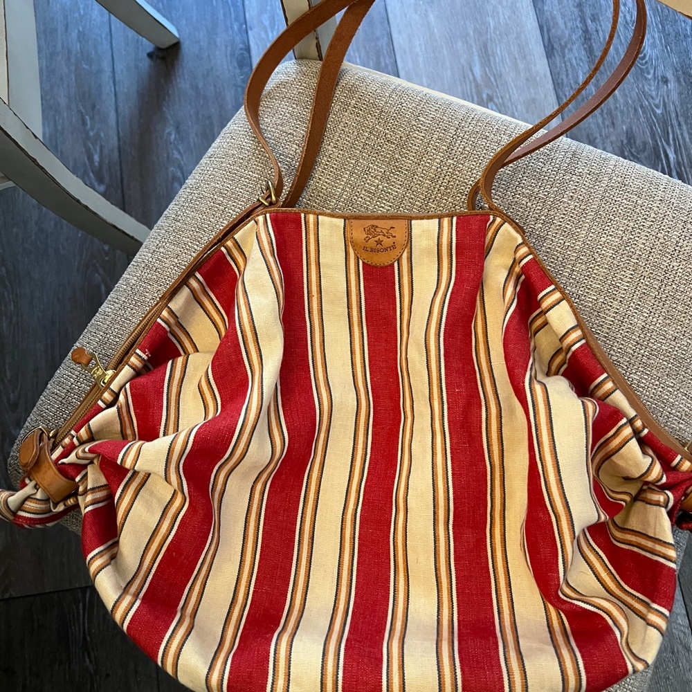 IL BISONTE Stripe Red & White Canvas & Tan Leather VERSILLIA Tote Bag